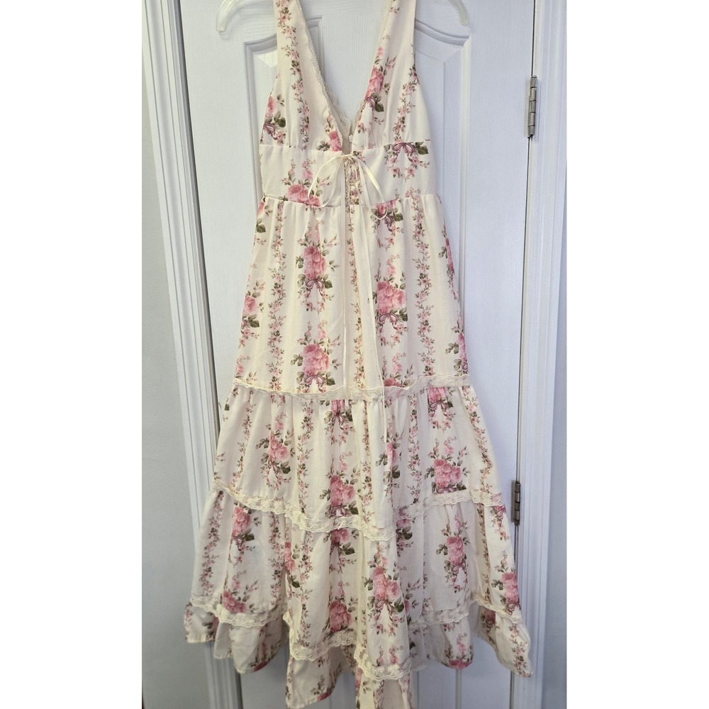Floral Lace Trim Tiered Maxi Dress Babydoll Peasant Cottagecore Ribbon Laceup XS